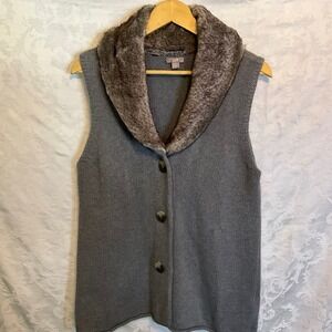 J. Jill Women's Size M Gray Angora Blend Knit Vest‎ Faux Fur Collar Button Front